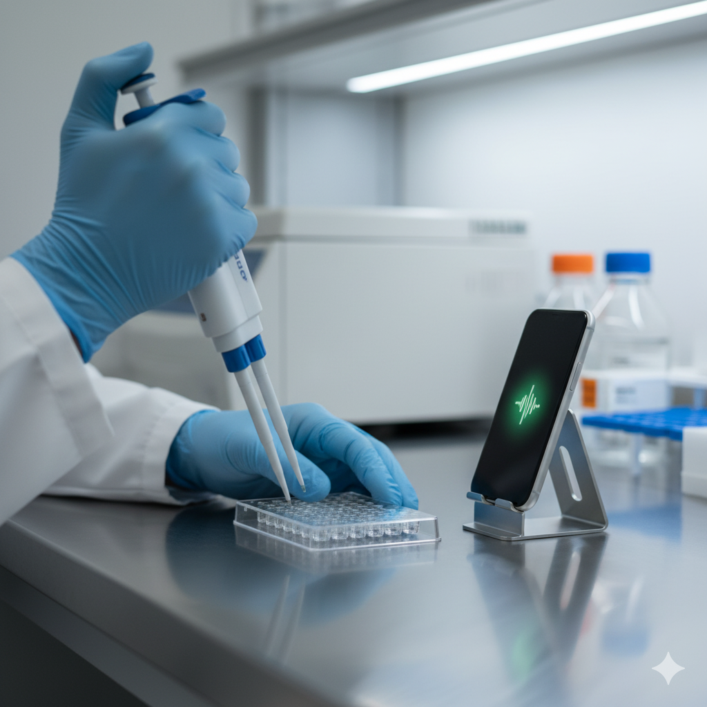 Scientist using voice capture with pipette at bench